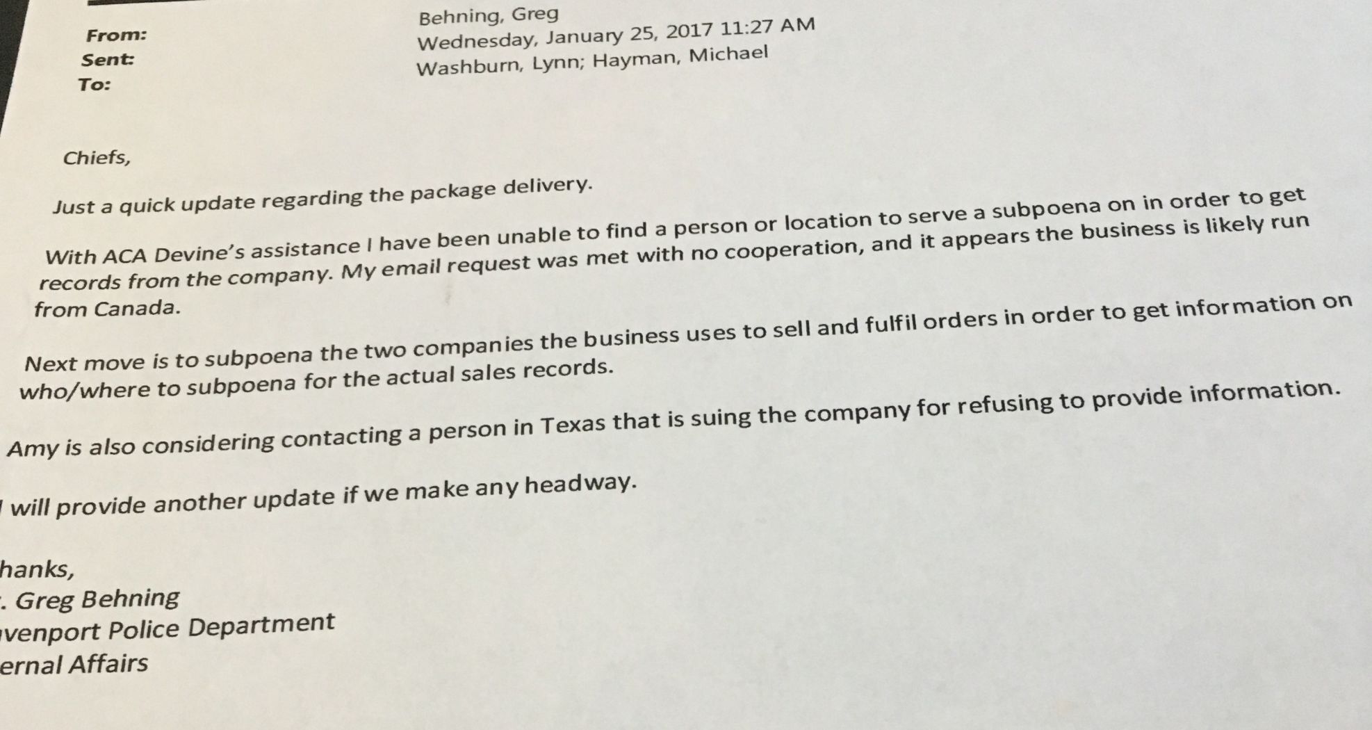 Washburn internal affairs complaint